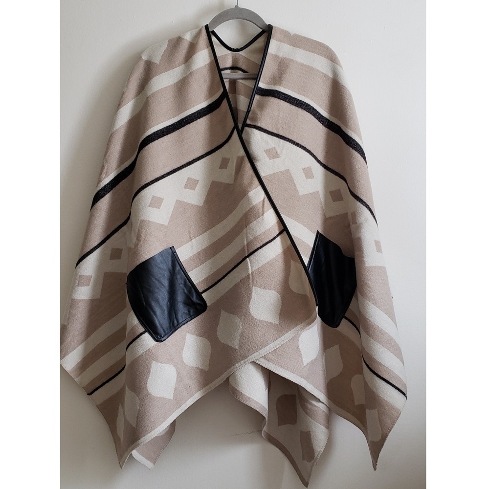 Akira | Cream & Black Poncho Cape Leather Pockets